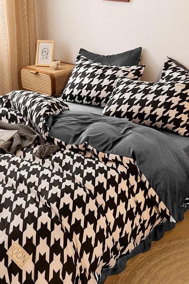 Hillkar Global Lenjerie de pat din bumbac Ranforce, Houndstooth Gri / Negru / Alb, 200 x 220 cm