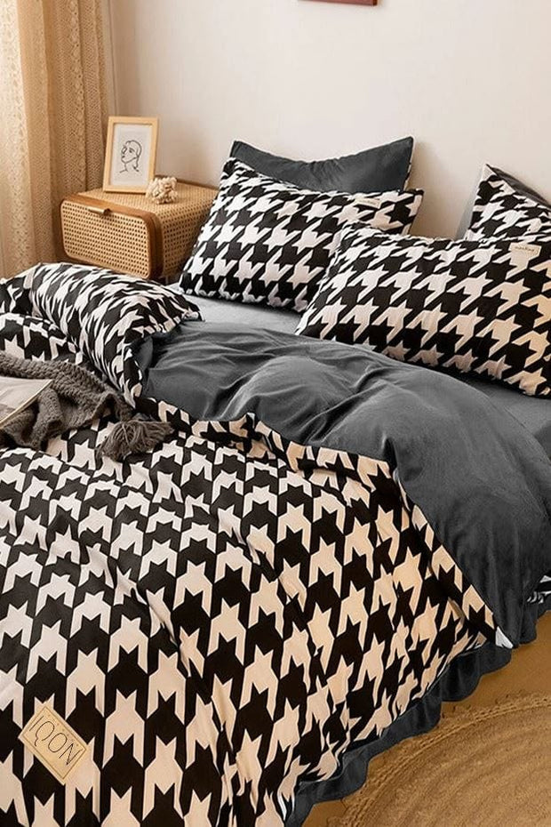 Hillkar Global Lenjerie de pat din bumbac Ranforce, Houndstooth Gri / Negru / Alb, 200 x 220 cm