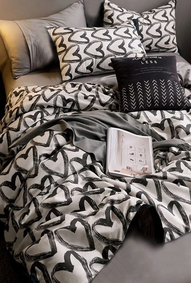 Hillkar Global Lenjerie de pat din bumbac Ranforce, Love Gri / Negru / Alb, 200 x 220 cm