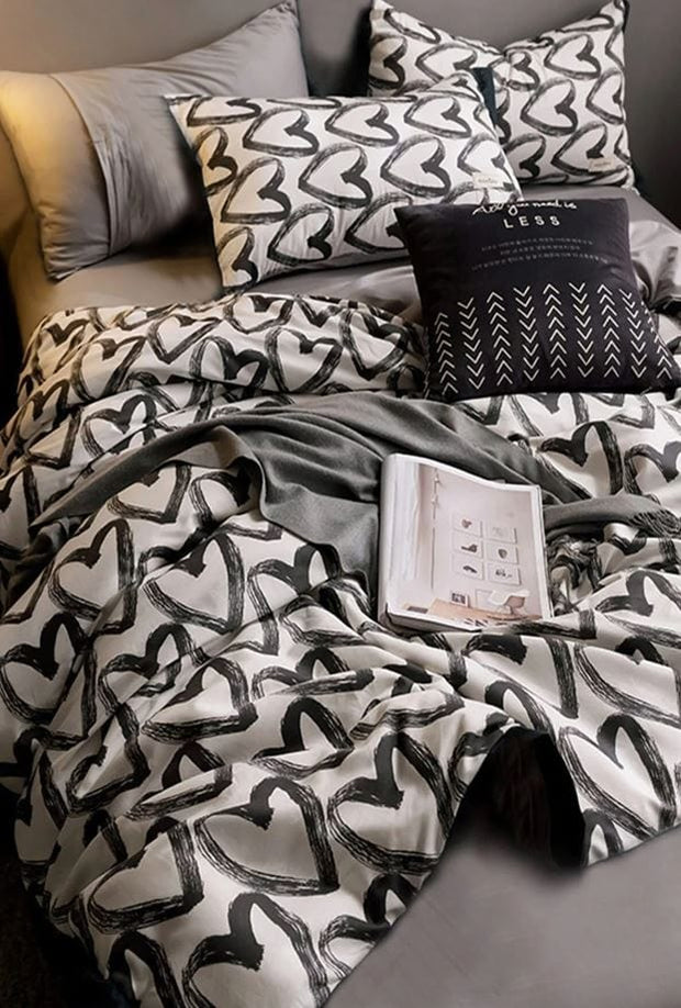 Hillkar Global Lenjerie de pat din bumbac Ranforce, Love Gri / Negru / Alb, 200 x 220 cm