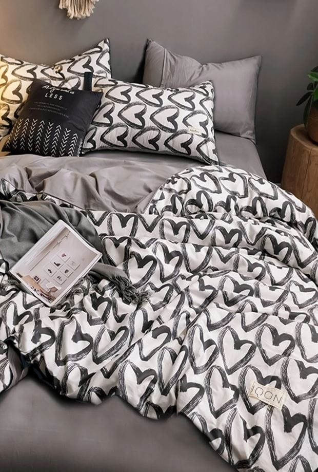Hillkar Global Lenjerie de pat din bumbac Ranforce, Love Gri / Negru / Alb, 200 x 220 cm