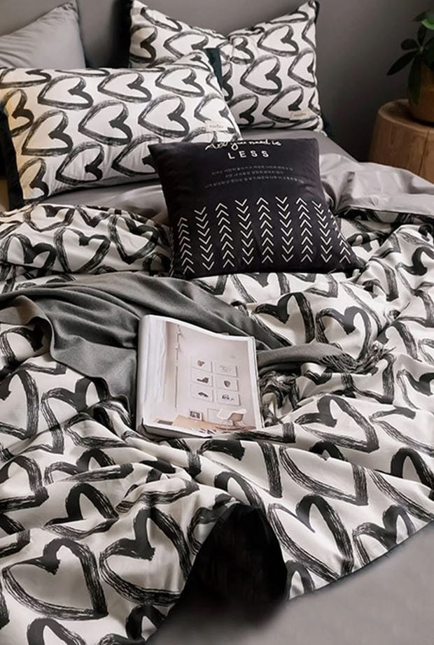 Hillkar Global Lenjerie de pat din bumbac Ranforce, Love Gri / Negru / Alb, 200 x 220 cm