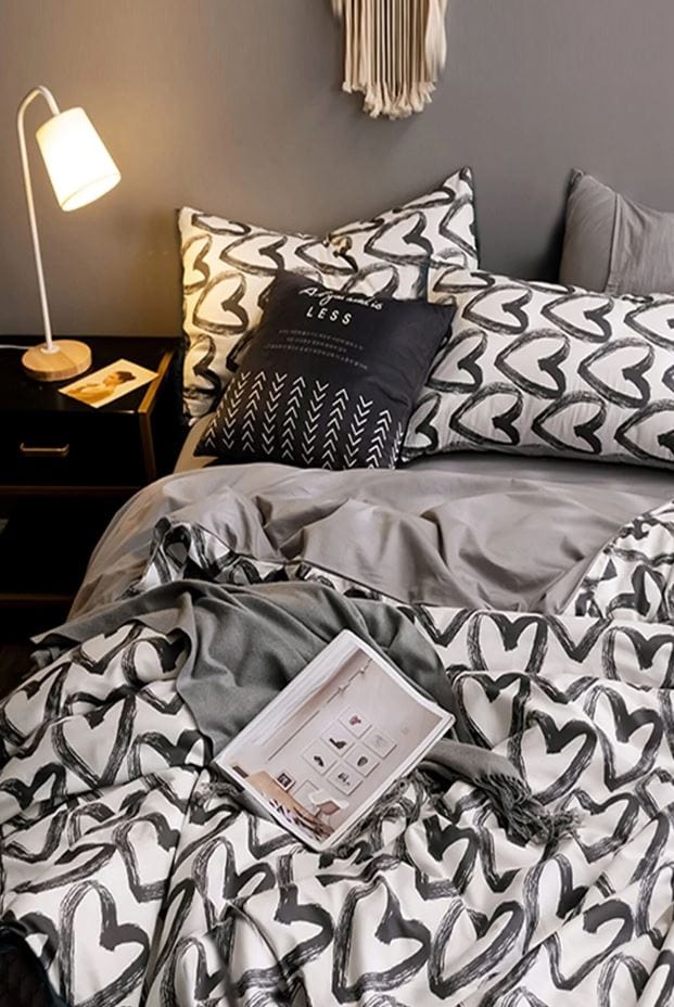 Hillkar Global Lenjerie de pat din bumbac Ranforce, Love Gri / Negru / Alb, 200 x 220 cm