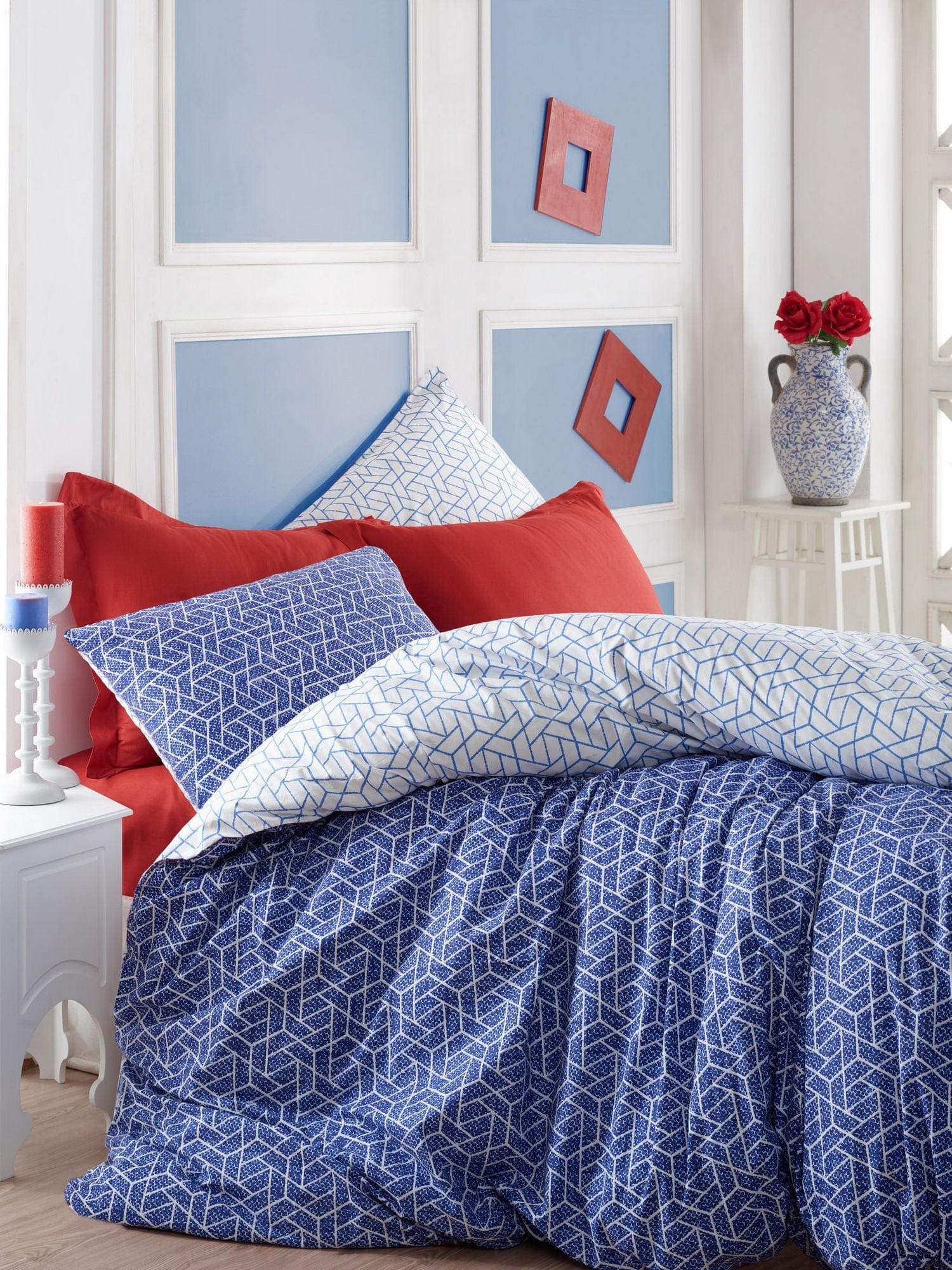 Lenjerie de pat din bumbac Ranforce Pave Bleumarin / Alb, 200 x 220 cm