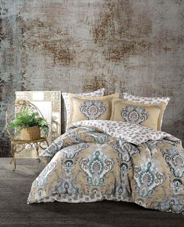 Asir Lenjerie de pat din bumbac Satinat Mavarova Galben / Alb, 200 x 220 cm