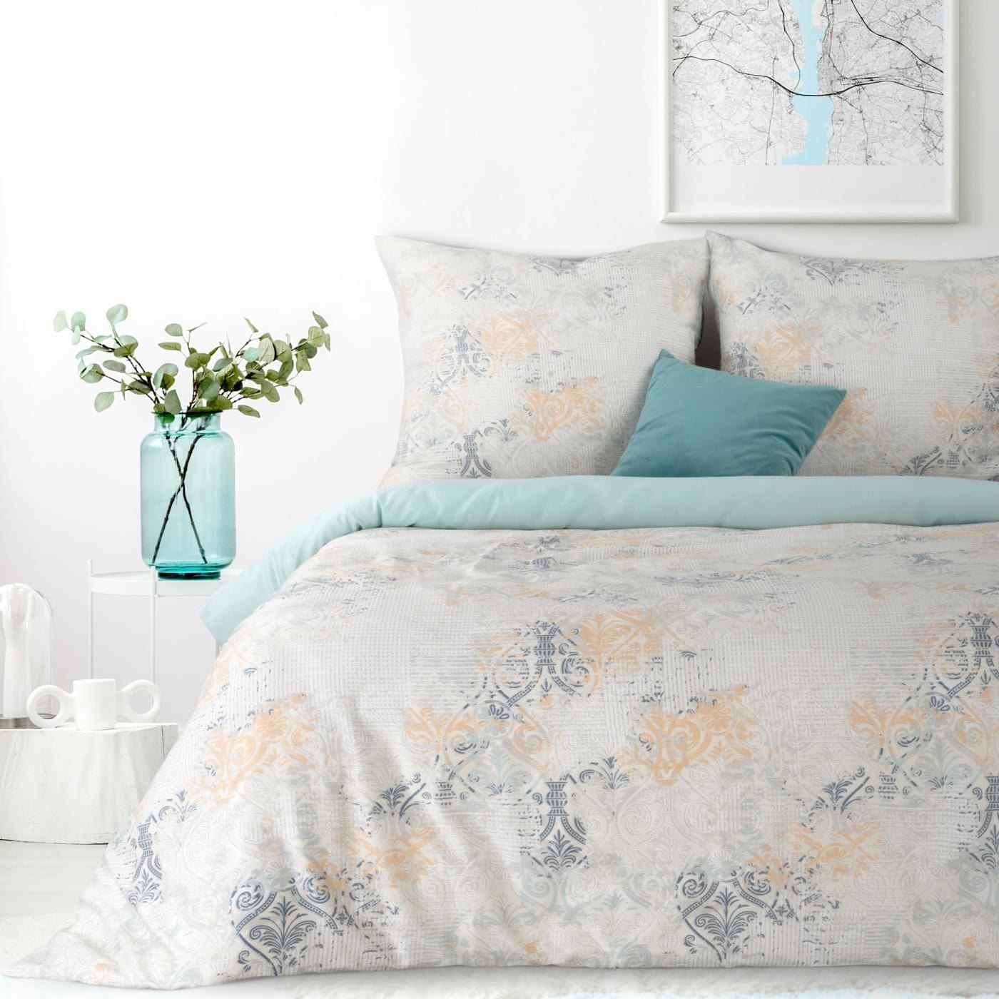 Lenjerie de pat din bumbac Satinat, Milan Gri / Albastru (1)