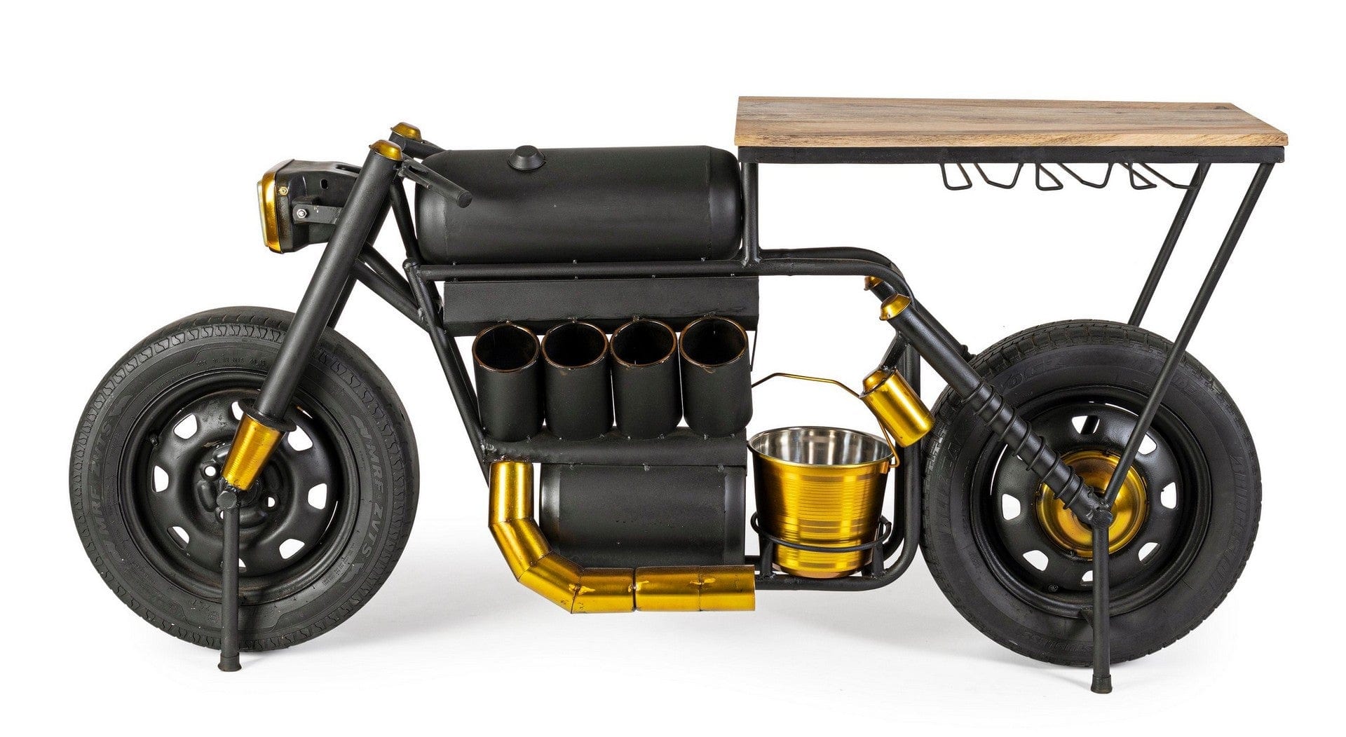 Masa de bar din lemn de mango si metal, cu suport sticle si pahare lemn de mango si metal, Speed Natural / Negru, L183xl44xH86 cm (2)