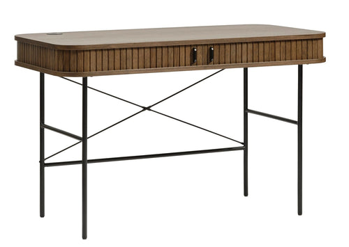 Unique Furniture A/S Masa de birou din MDF, furnir si metal, cu 2 usi, Nola Stejar Smoked / Negru, L120xl60xH75 cm