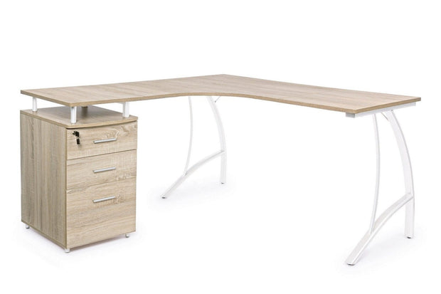 Masa de birou din MDF si metal, cu 3 sertare Kavita Corner Natural / Alb, L151,5xl55xH76 cm