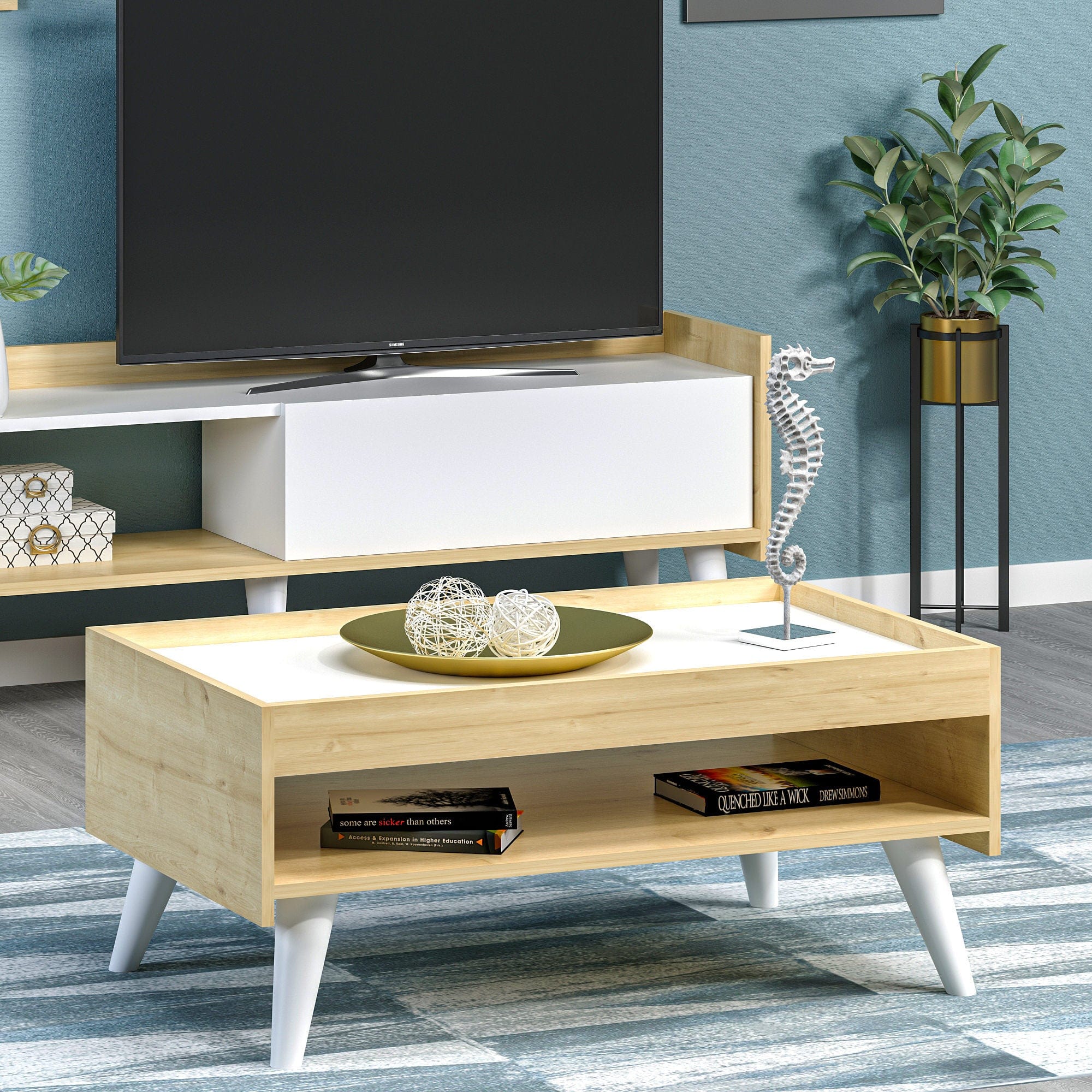 Masa de cafea din lemn, Ruby Alb / Stejar, L83,6xl48,6xH41,8 cm