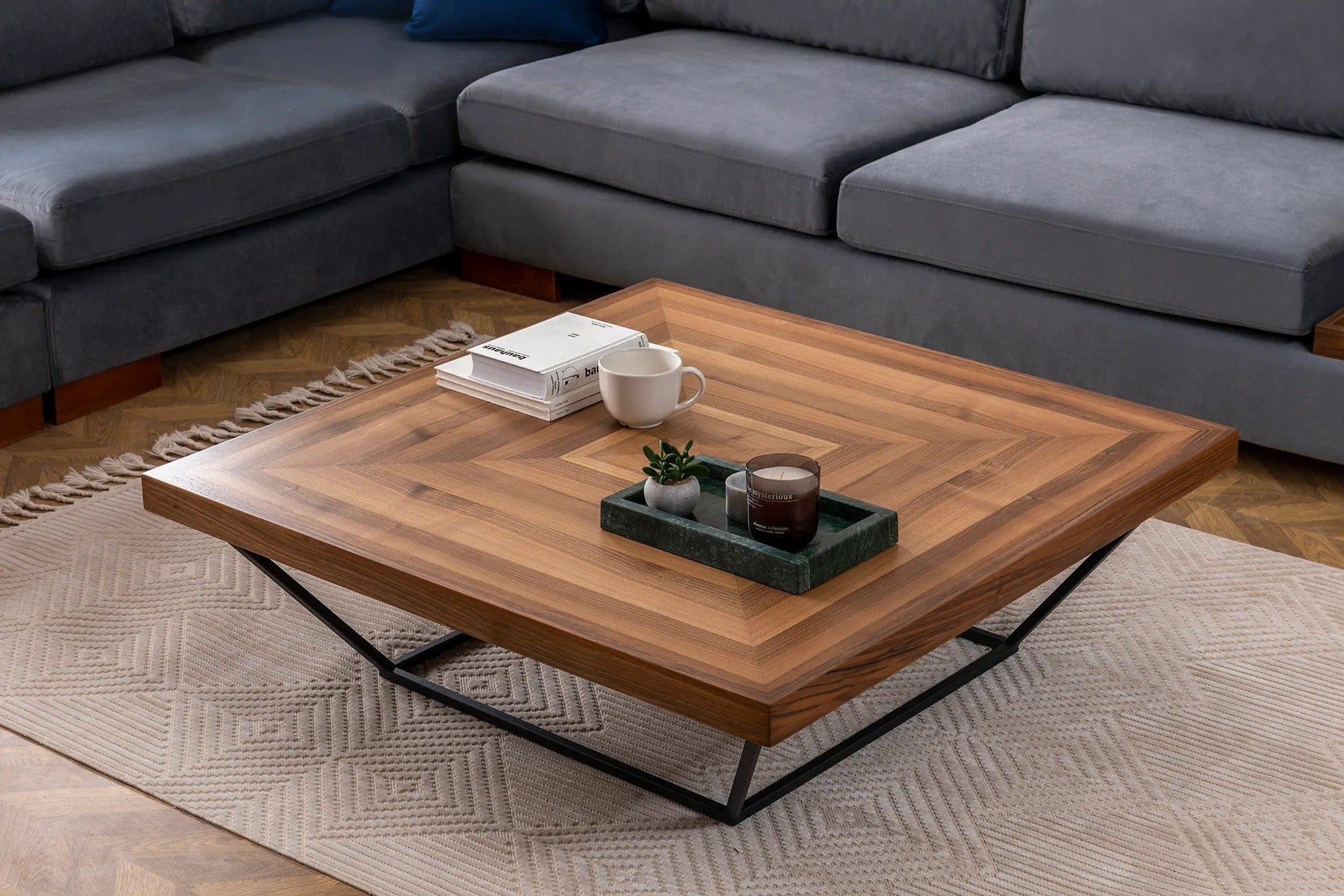 Asir Masa de cafea din MDF si metal, Cora Nuc / Negru, L100xl100xH32 cm