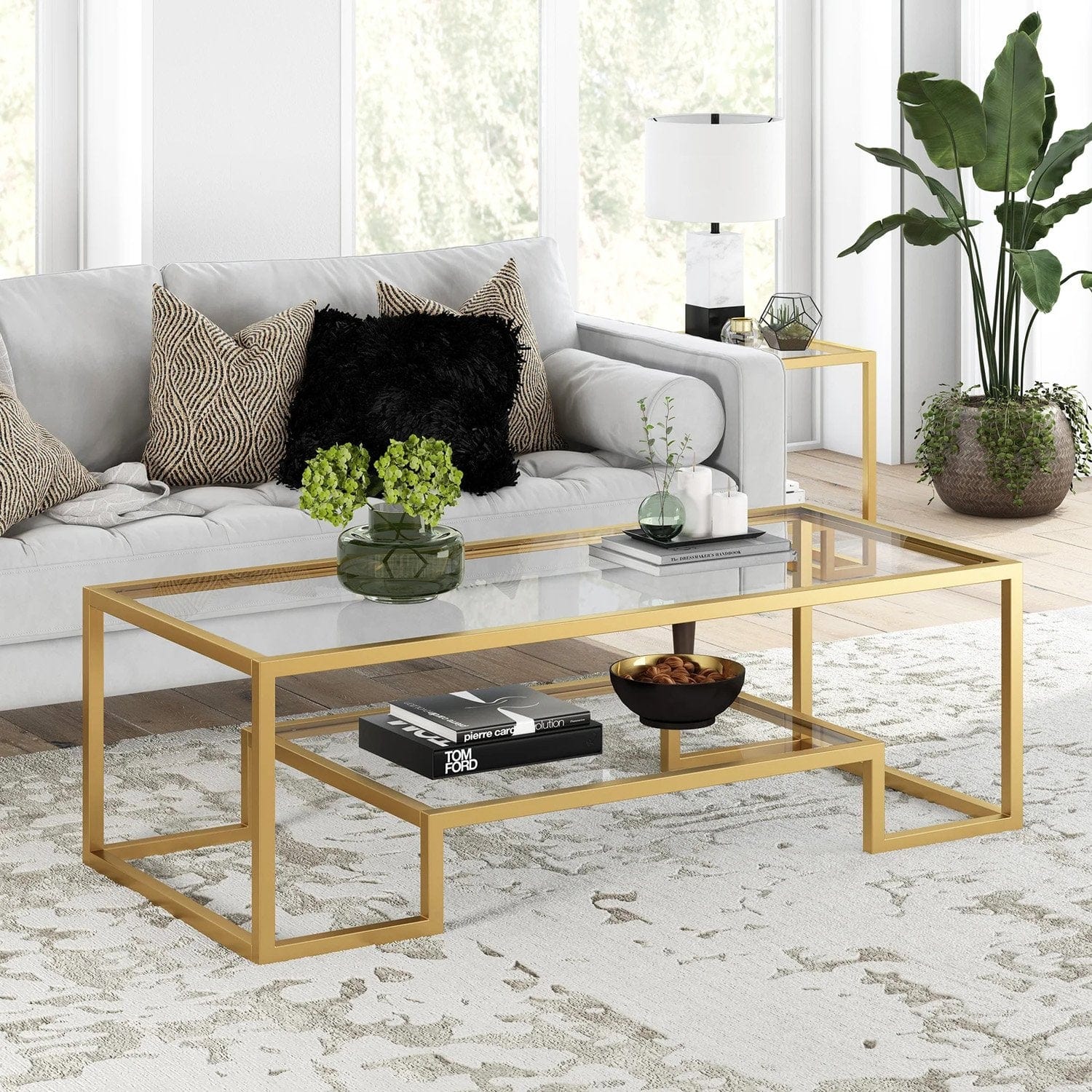 Asir Masa de cafea din metal si sticla, Atlantic Auriu / Transparent, L100xl50xH50 cm