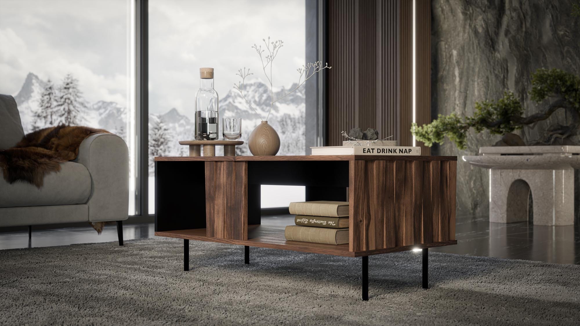 Masa de cafea din pal, MDF si metal, Swing Nuc / Negru, L100xl54xH45 cm (4)