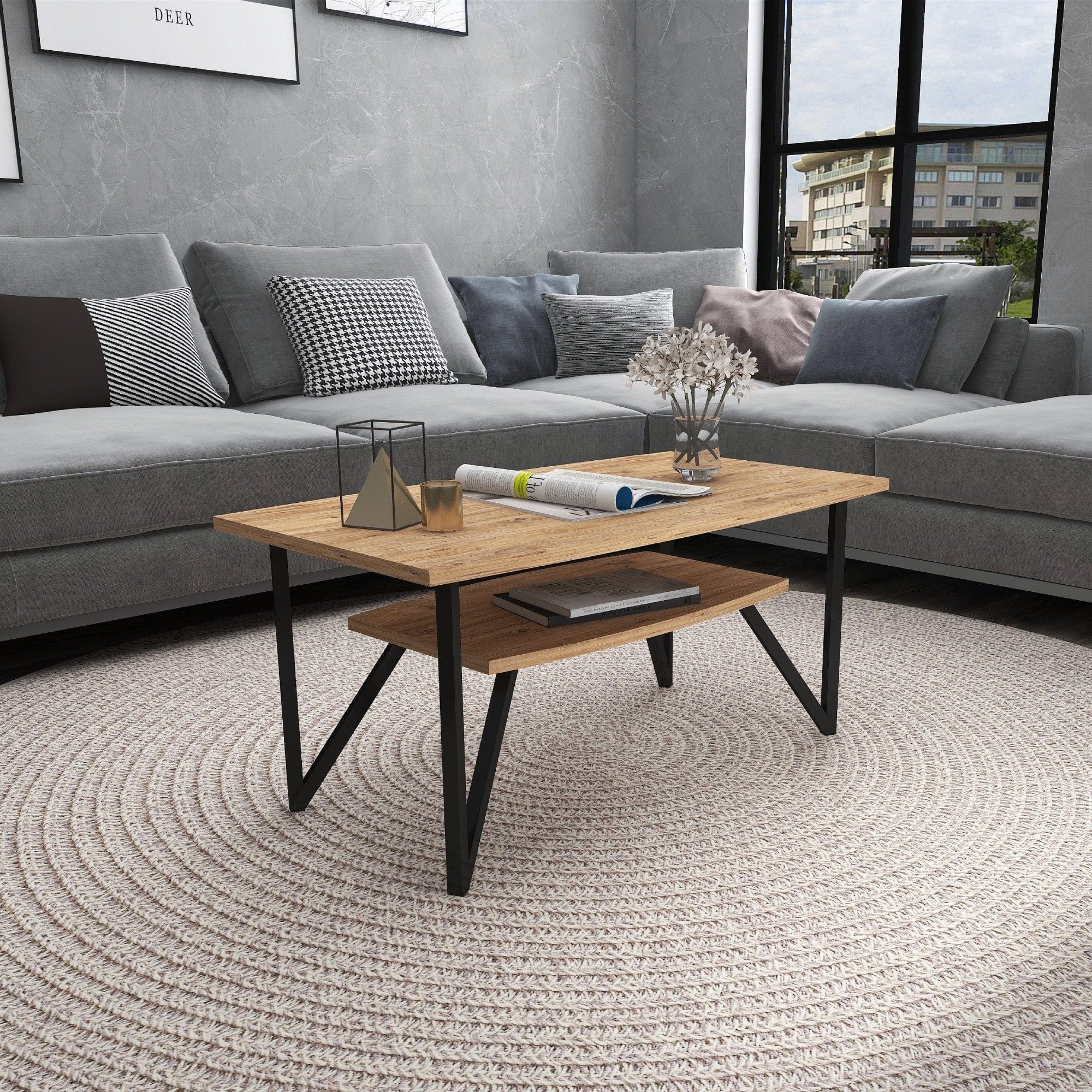 Asir Masa de cafea din pal si metal, Asens Small Pin Atlantic / Negru, L90xl50xH42 cm