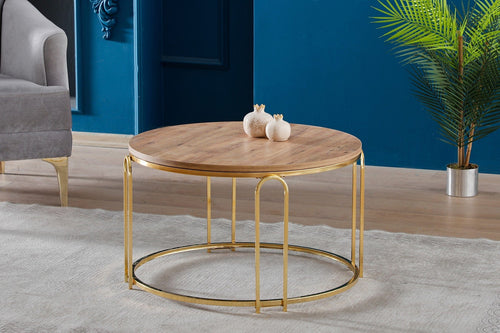 Masa de cafea din pal si metal, Lenka Nuc / Auriu, Ø70xH42 cm