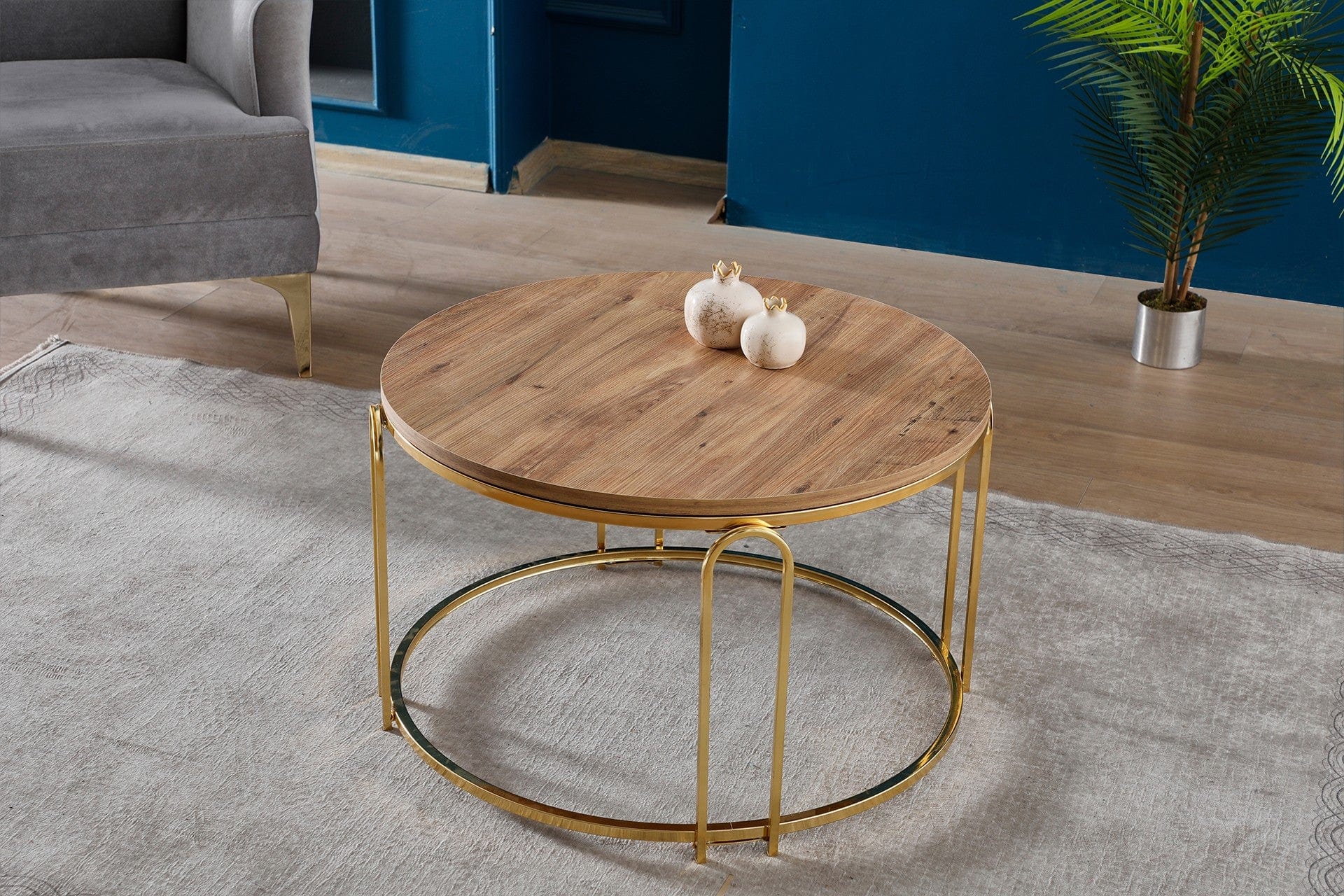 Masa de cafea din pal si metal, Lenka Nuc / Auriu, Ø70xH42 cm (1)