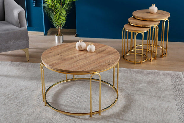 Asir Masa de cafea din pal si metal, Lenka Nuc / Auriu, Ø70xH42 cm