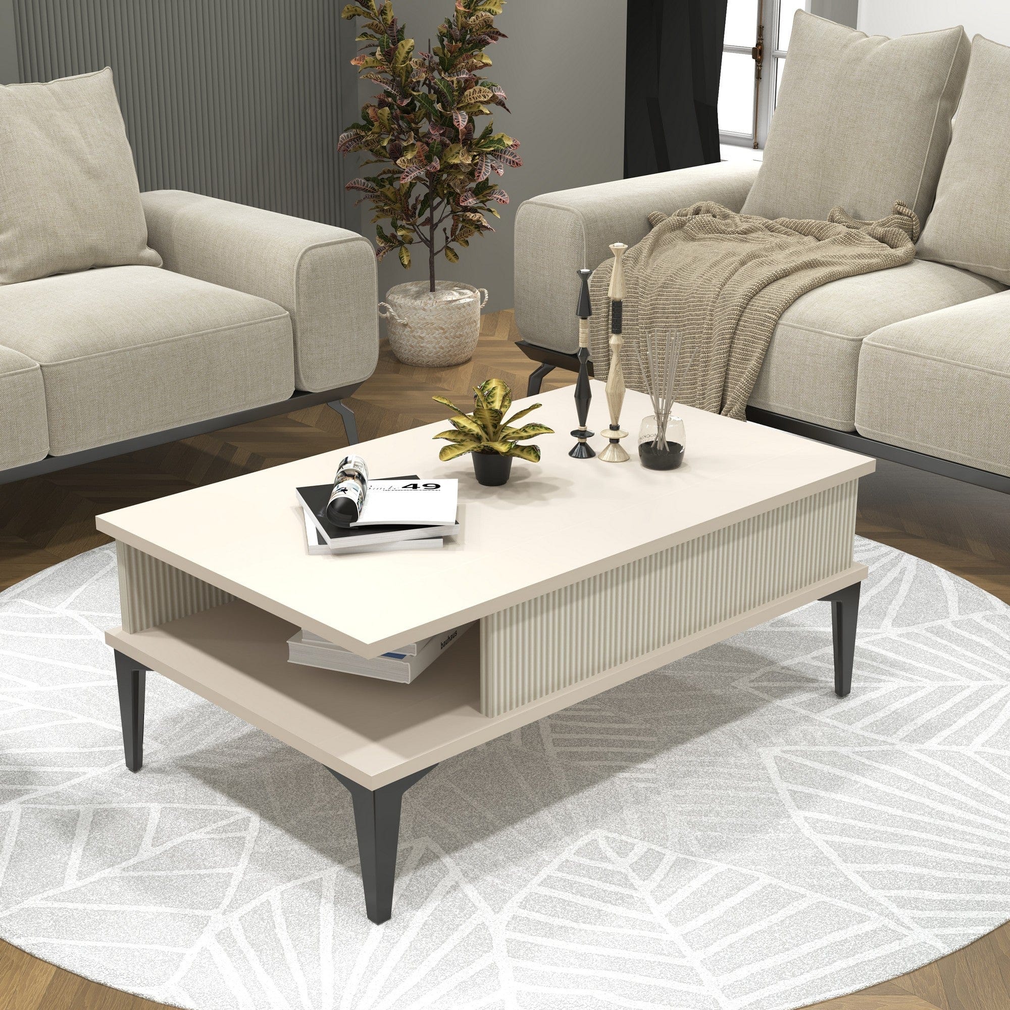 Asir Masa de cafea din pal si metal, Marin Crem / Antracit, L90xl54xH42 cm