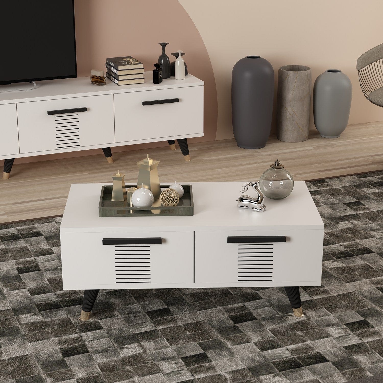 Asir Masa de cafea din pal si plastic, Asimo Alb / Negru, L90xl45xH38 cm