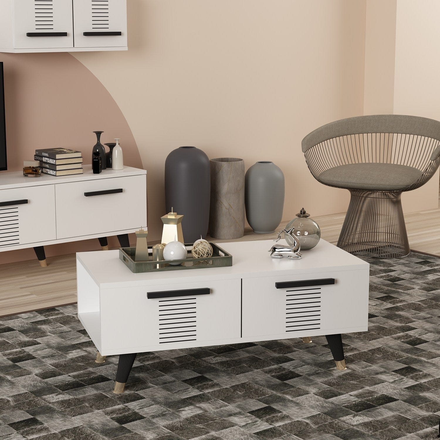 Asir Masa de cafea din pal si plastic, Asimo Alb / Negru, L90xl45xH38 cm