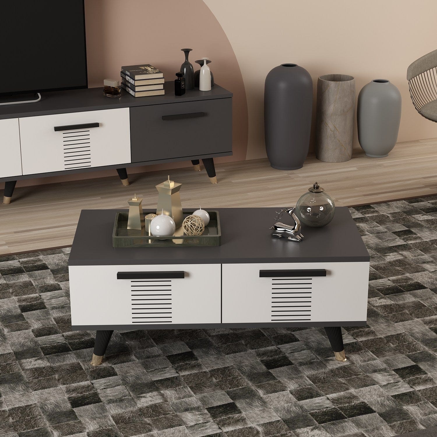 Asir Masa de cafea din pal si plastic, Asimo Antracit / Alb / Negru, L90xl45xH38 cm