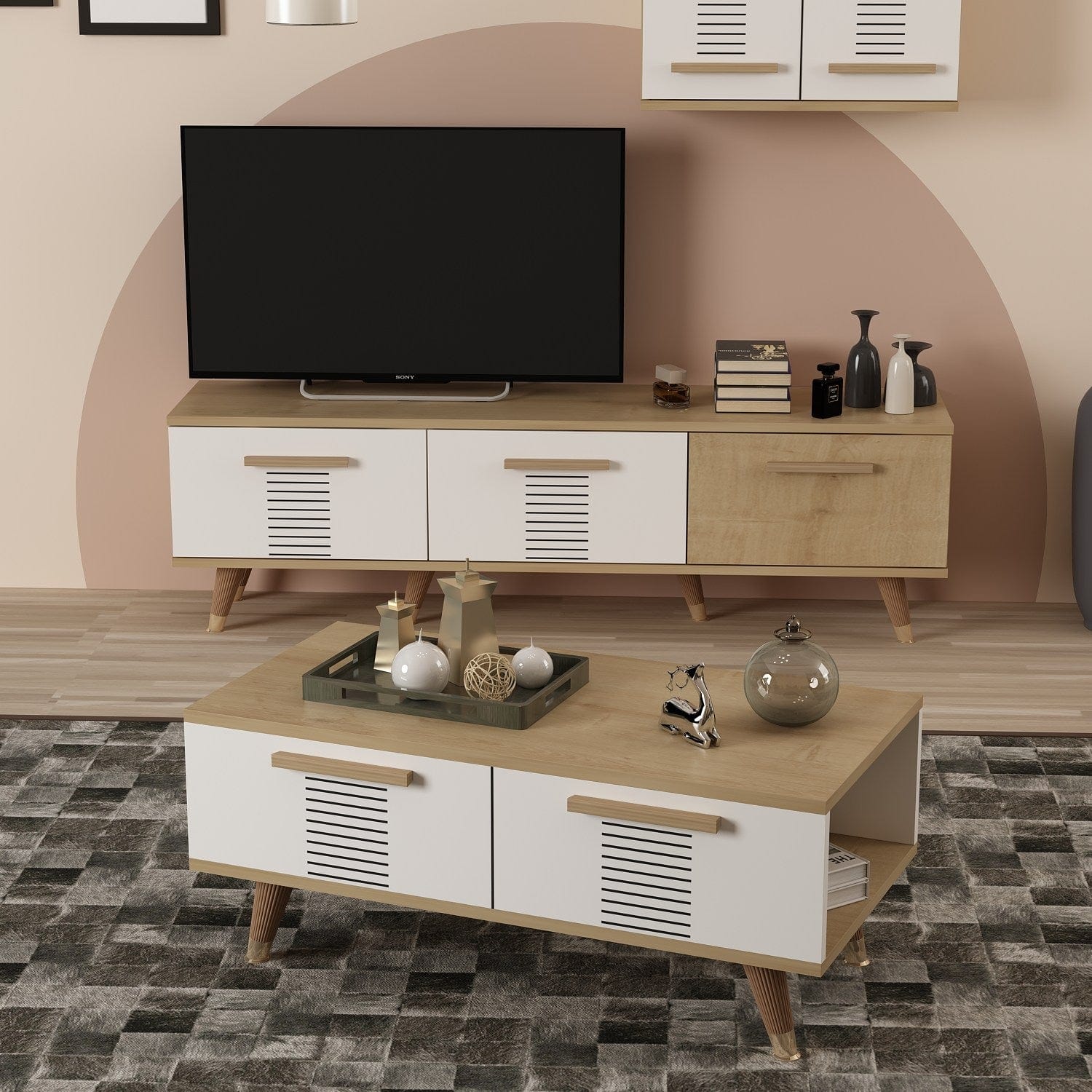 Asir Masa de cafea din pal si plastic, Asimo Stejar Sapphire / Alb, L90xl45xH38 cm