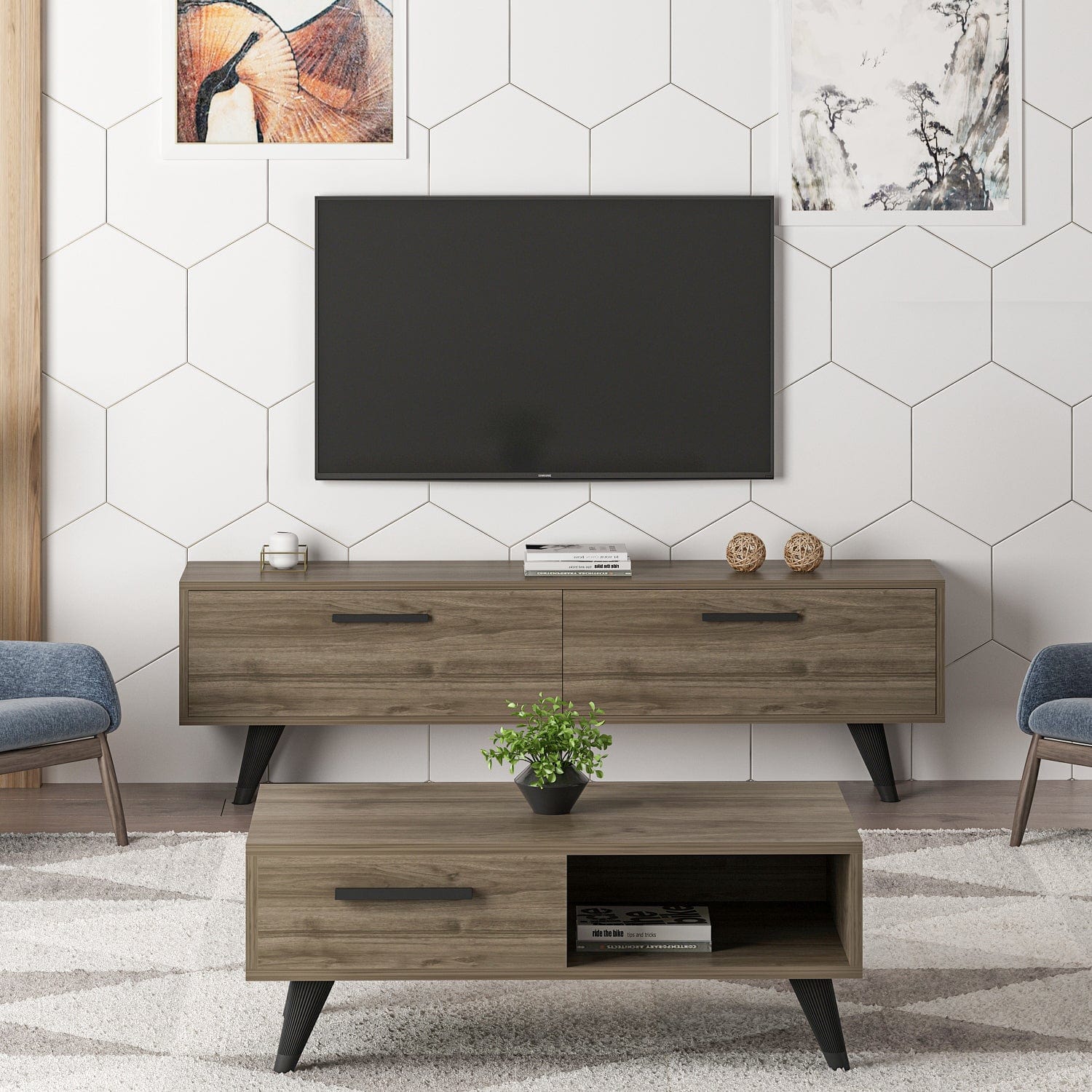 Masa de cafea din pal, Smi̇le Nuc / Negru, L90xl45xH35 cm (1)