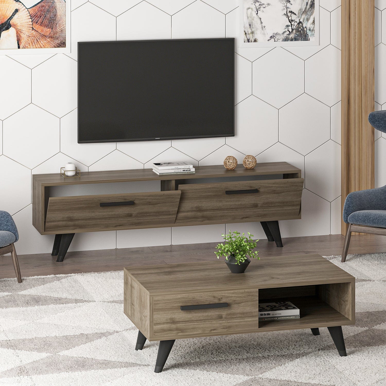 Masa de cafea din pal, Smi̇le Nuc / Negru, L90xl45xH35 cm (2)