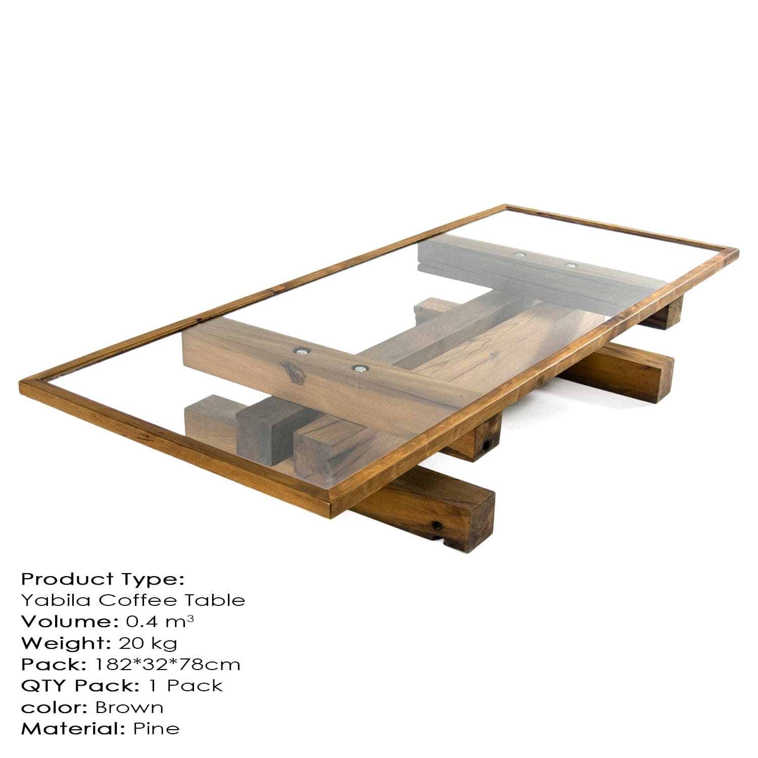 Masa de cafea din sticla si lemn, Yabila Maro, L180xl76xH30 cm (2)