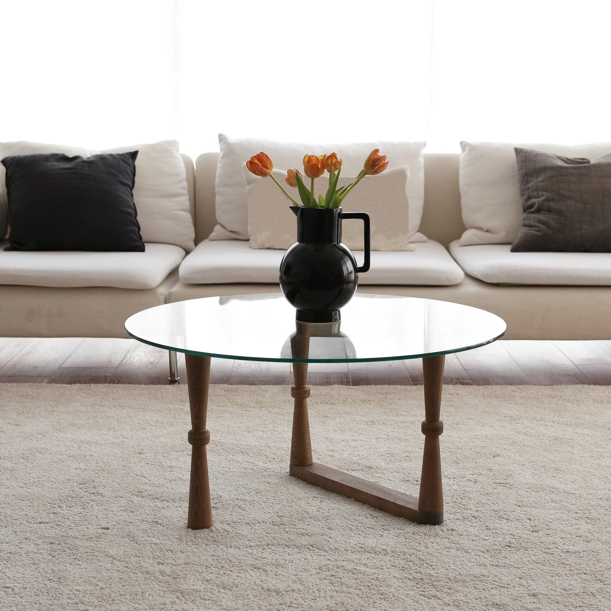 Asir Masa de cafea din sticla si lemn, Yuvarlak S301 Nuc, Ø80xH41 cm