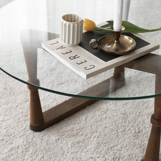 Asir Masa de cafea din sticla si lemn, Yuvarlak S301 Nuc, Ø80xH41 cm