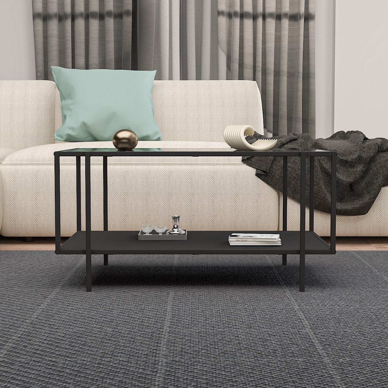 Asir Masa de cafea din sticla si metal, Espa Negru, L90xl50xH45 cm