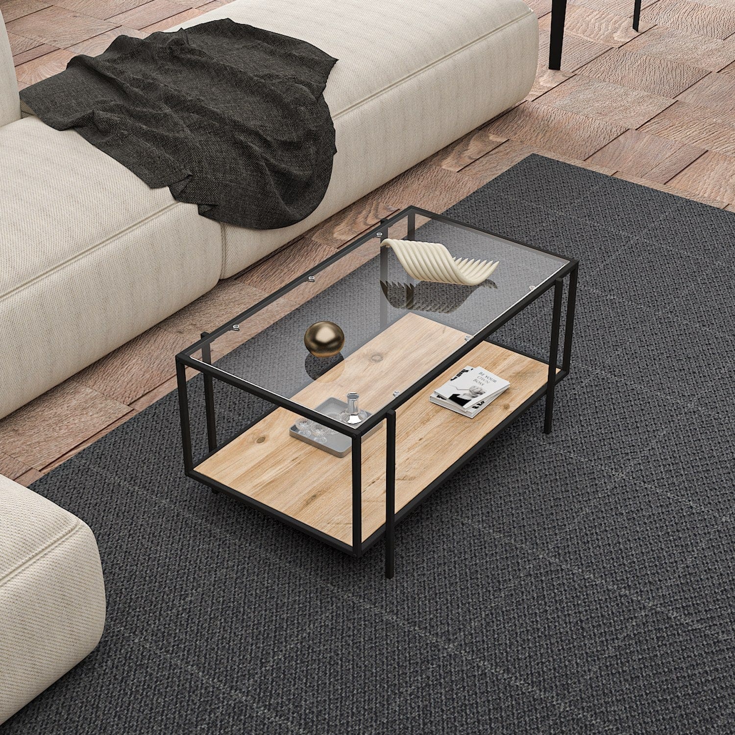 Asir Masa de cafea din sticla si metal, Espa Negru / Stejar, L90xl50xH45 cm