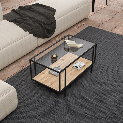 Asir Masa de cafea din sticla si metal, Espa Negru / Stejar, L90xl50xH45 cm