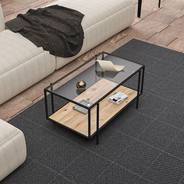 Asir Masa de cafea din sticla si metal, Espa Negru / Stejar, L90xl50xH45 cm