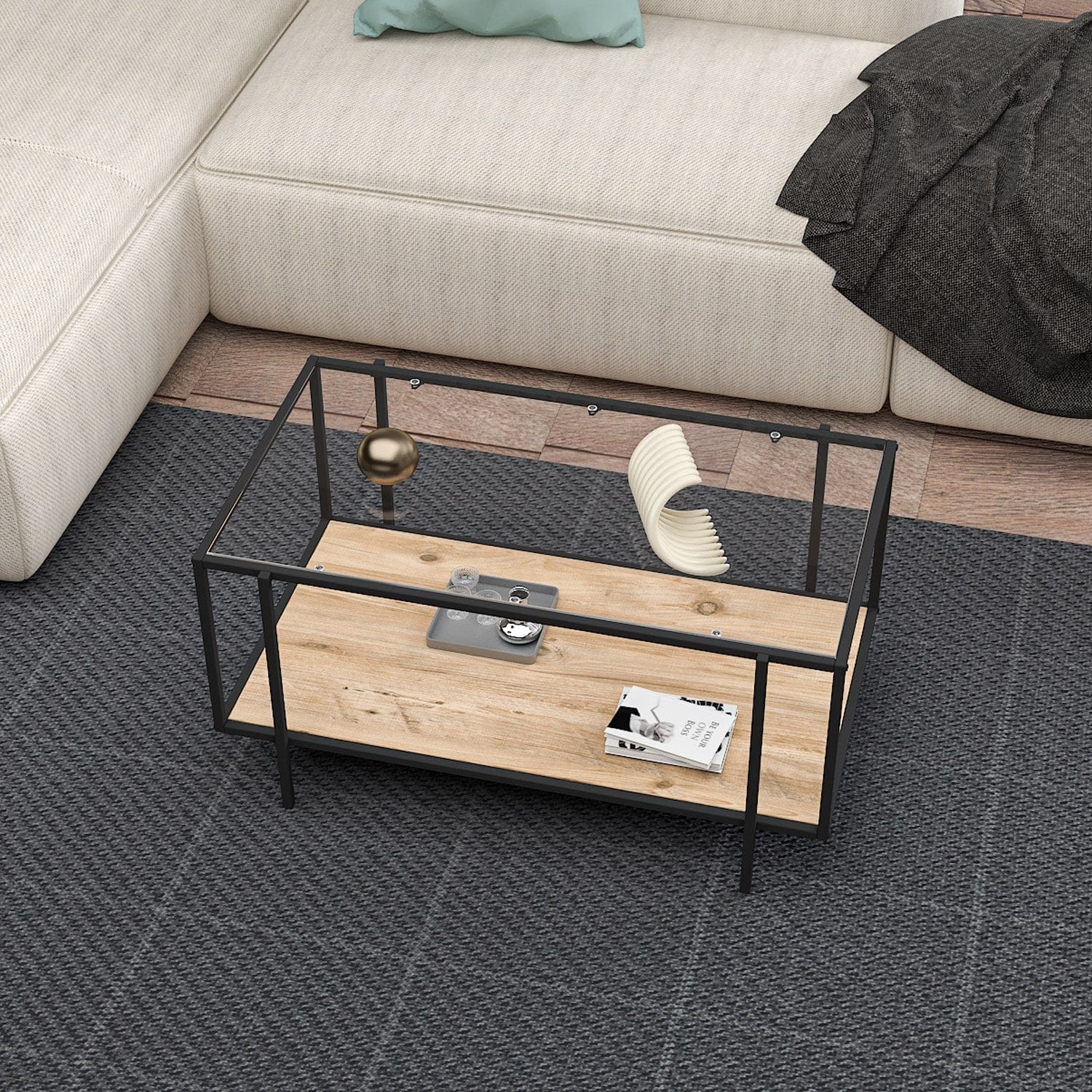 Asir Masa de cafea din sticla si metal, Espa Negru / Stejar, L90xl50xH45 cm