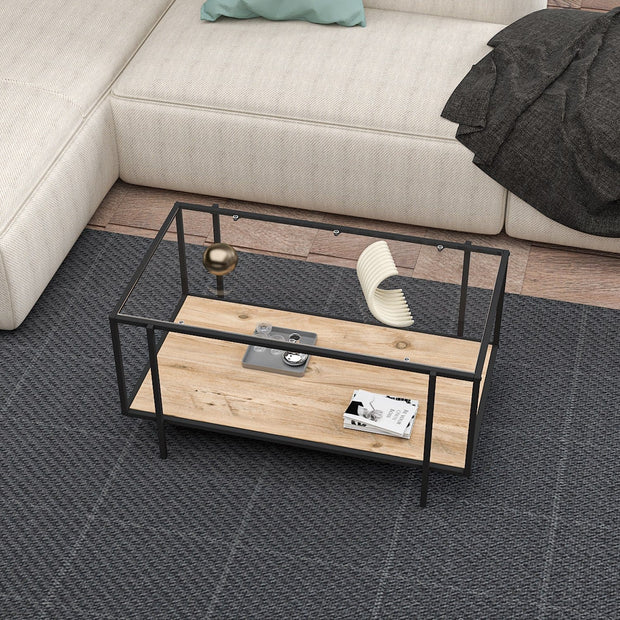 Asir Masa de cafea din sticla si metal, Espa Negru / Stejar, L90xl50xH45 cm