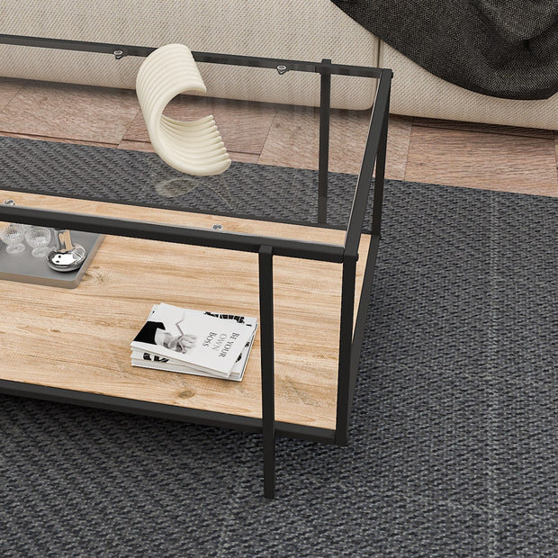 Asir Masa de cafea din sticla si metal, Espa Negru / Stejar, L90xl50xH45 cm