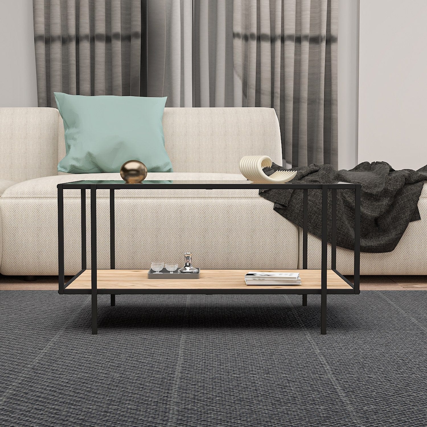 Asir Masa de cafea din sticla si metal, Espa Negru / Stejar, L90xl50xH45 cm