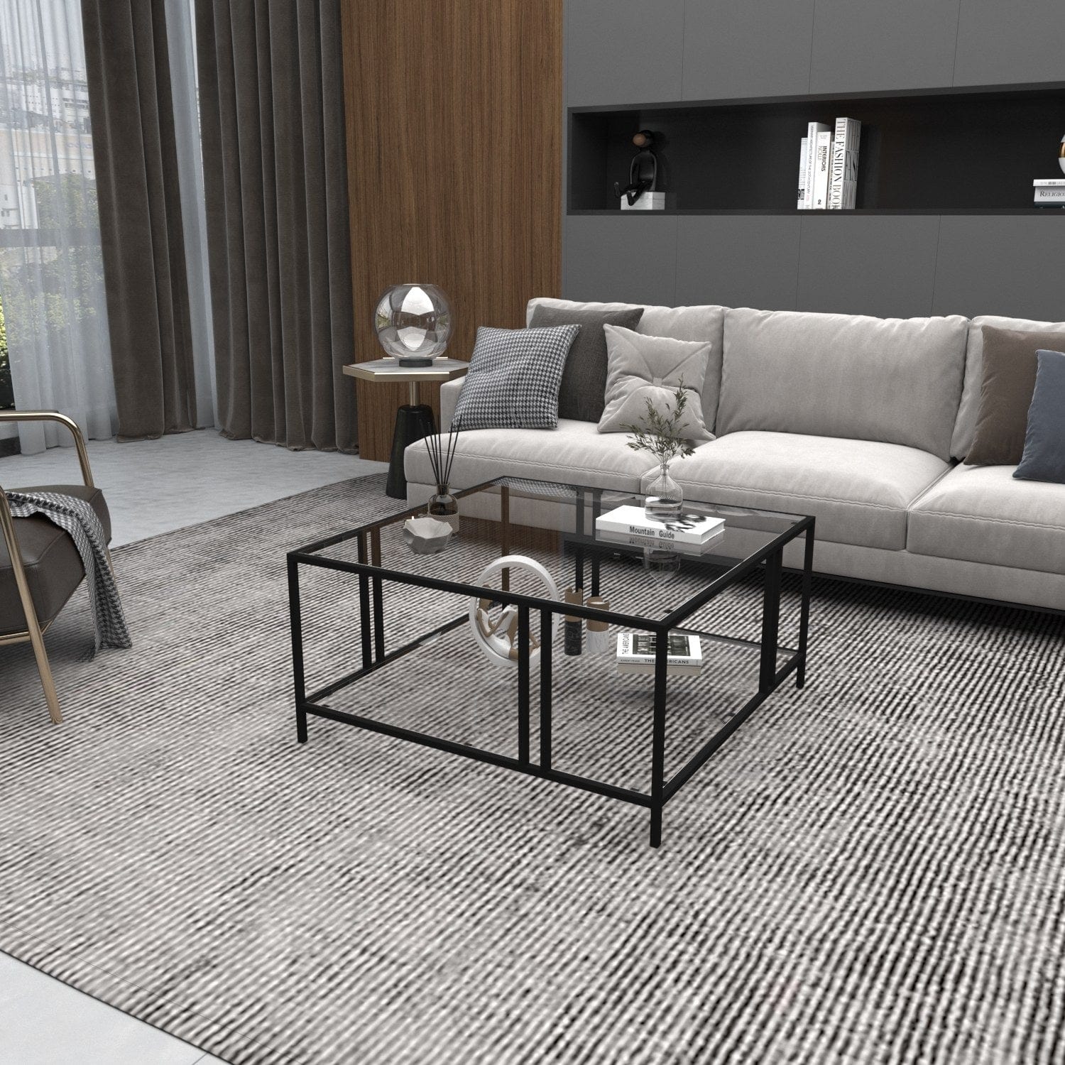 Asir Masa de cafea din sticla si metal, Uranus Negru, L80xl80xH40 cm