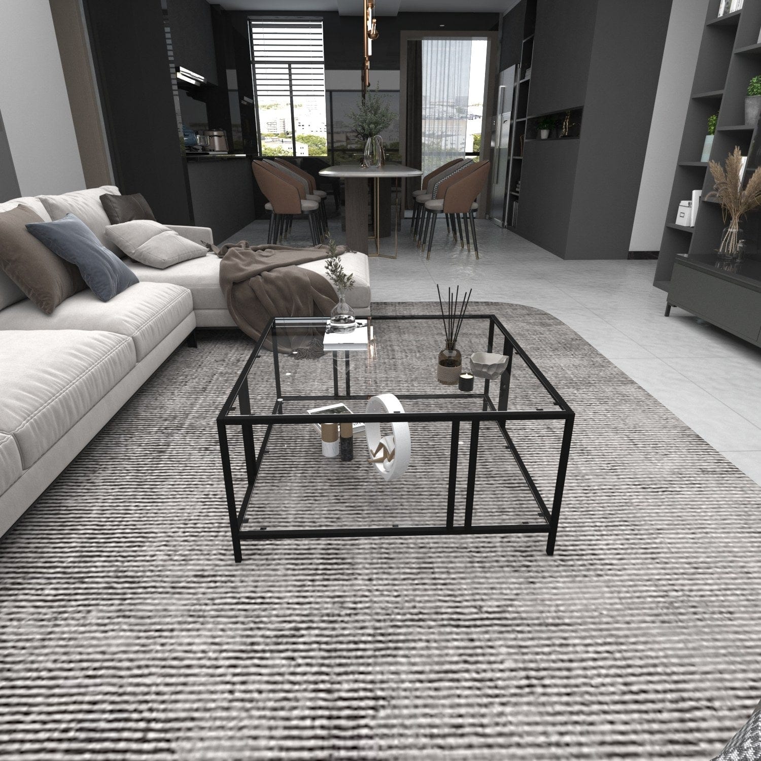 Masa de cafea din sticla si metal, Uranus Negru, L80xl80xH40 cm (2)