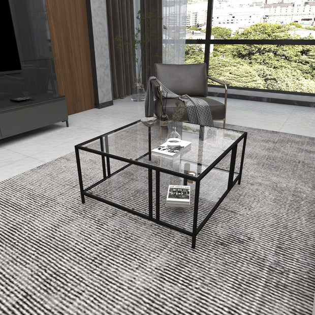 Asir Masa de cafea din sticla si metal, Uranus Negru, L80xl80xH40 cm