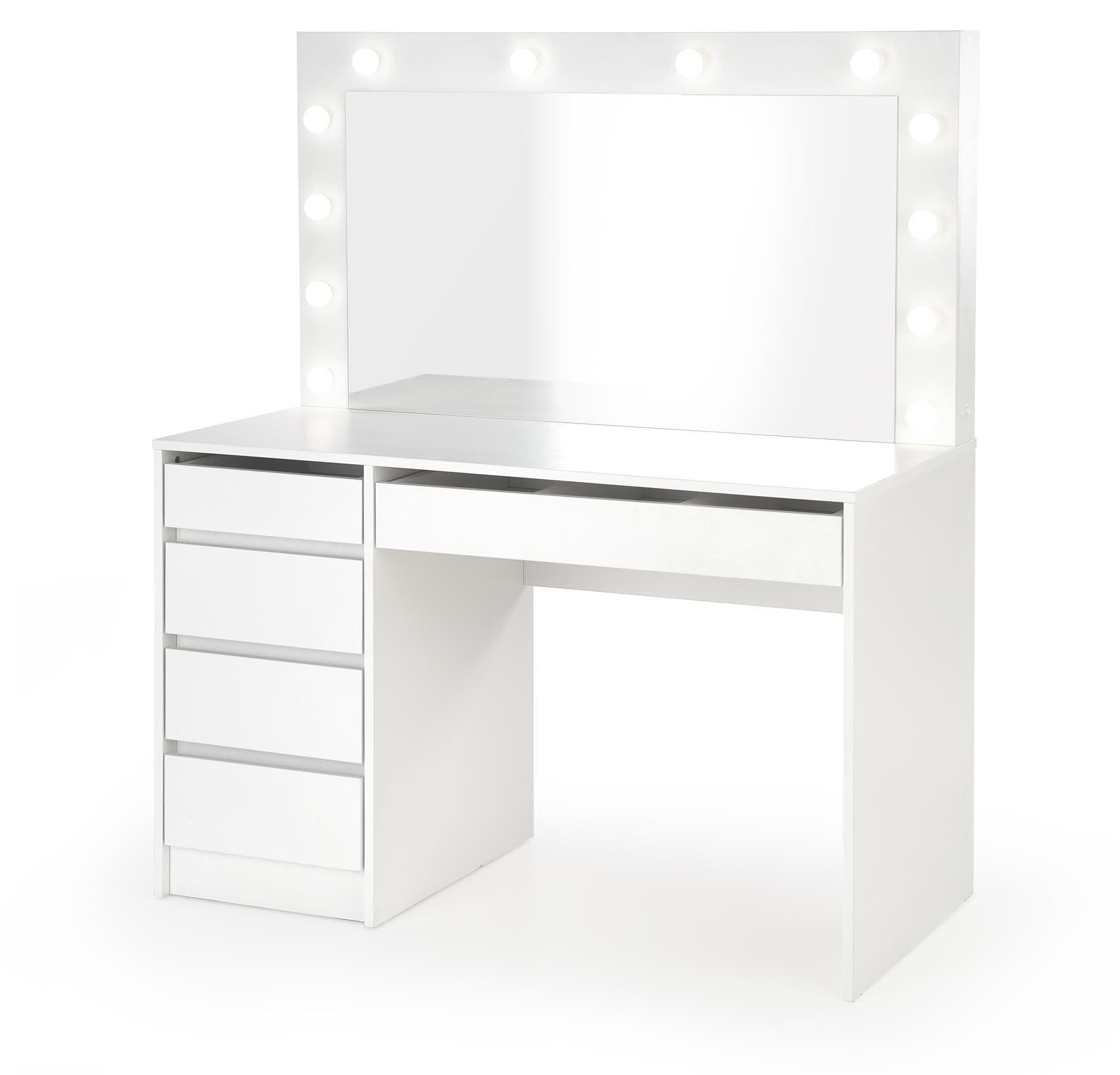 Masa de machiaj din pal cu oglinda, 5 sertare si LED inclus, Hollywood XL Alb, L120xl55xH140 cm