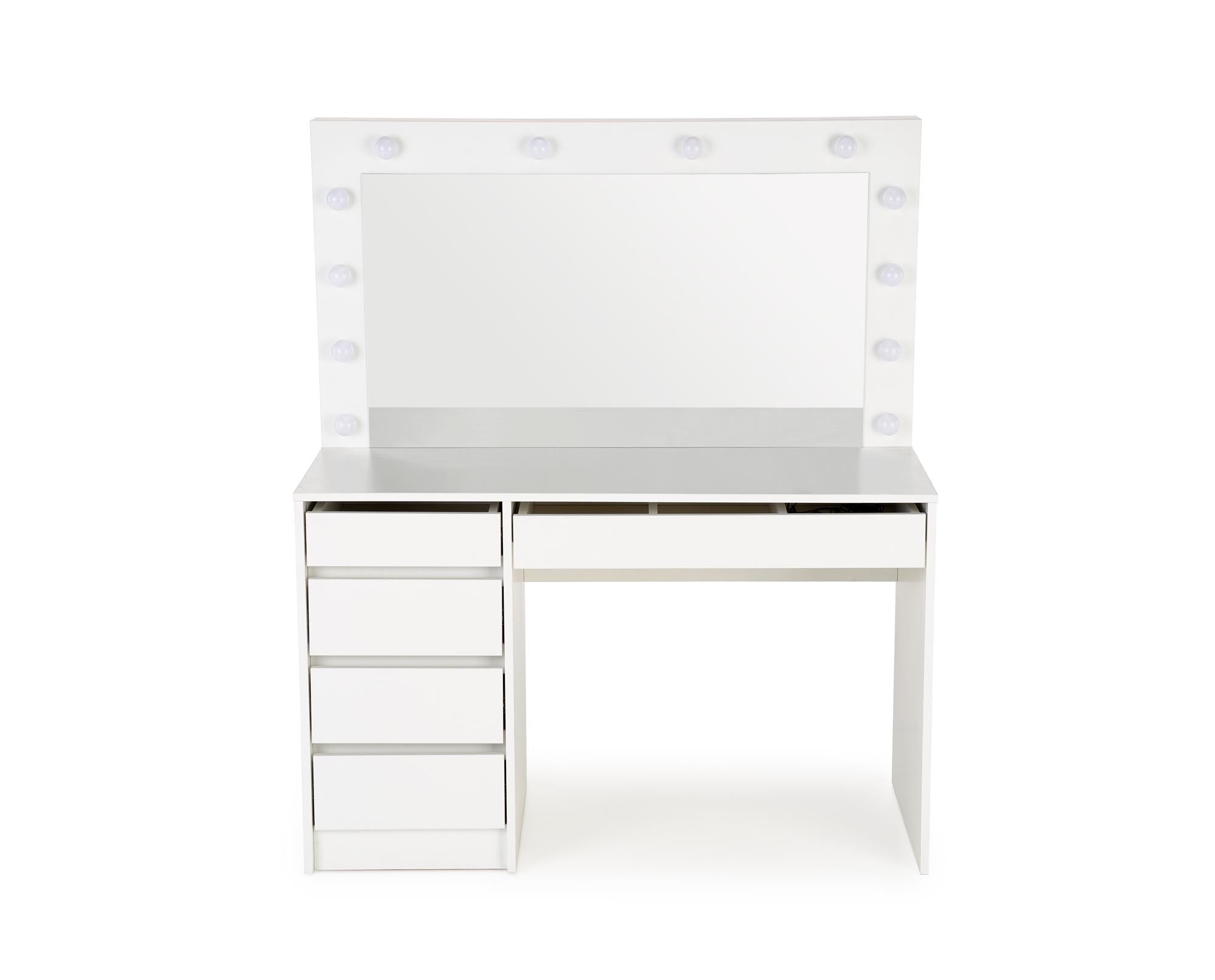Masa de machiaj din pal cu oglinda, 5 sertare si LED inclus, Hollywood XL Alb, L120xl55xH140 cm (1)