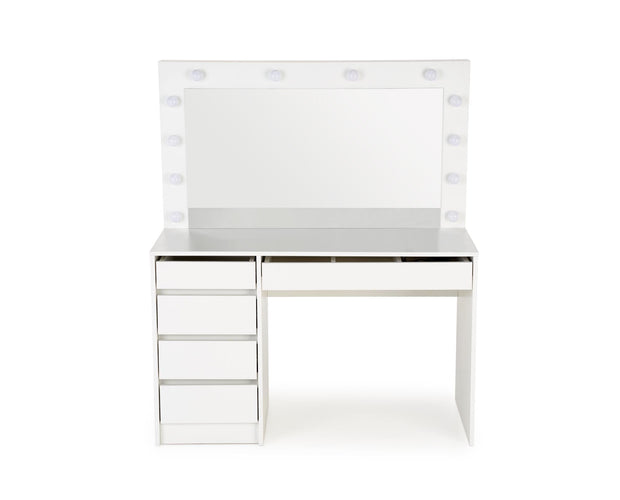 Masa de machiaj din pal cu oglinda, 5 sertare si LED inclus, Hollywood XL Alb, L120xl55xH140 cm (1)