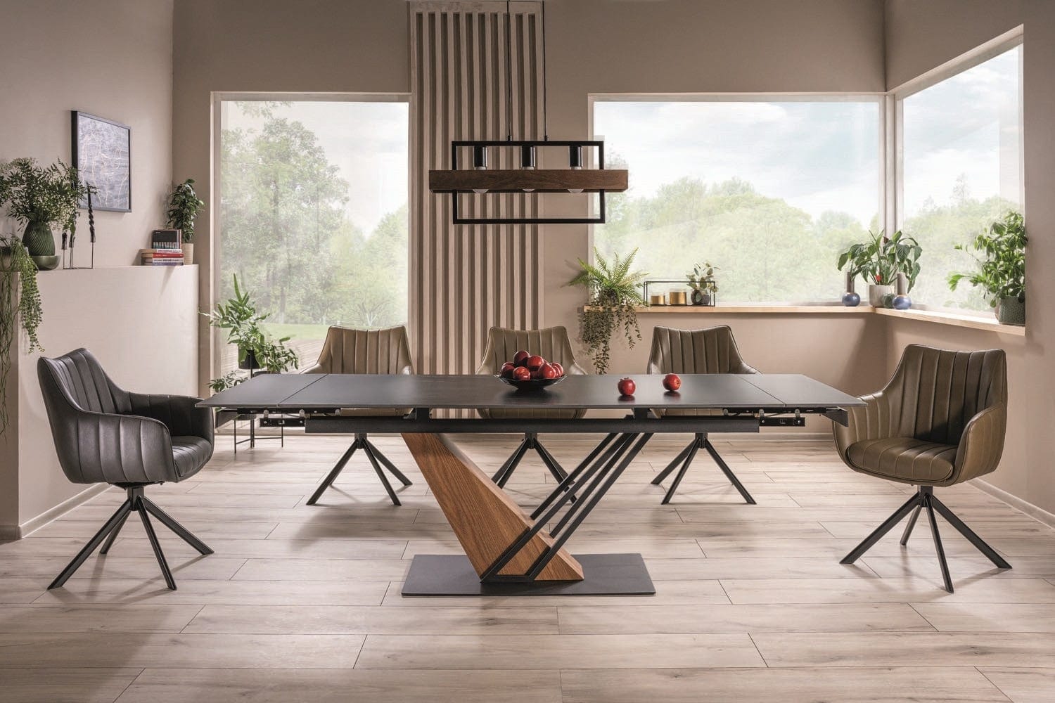 Masa extensibila din ceramica, MDF, furnir si metal, Gesis Negru / Frasin, L180-240xl90xH75 cm (1)