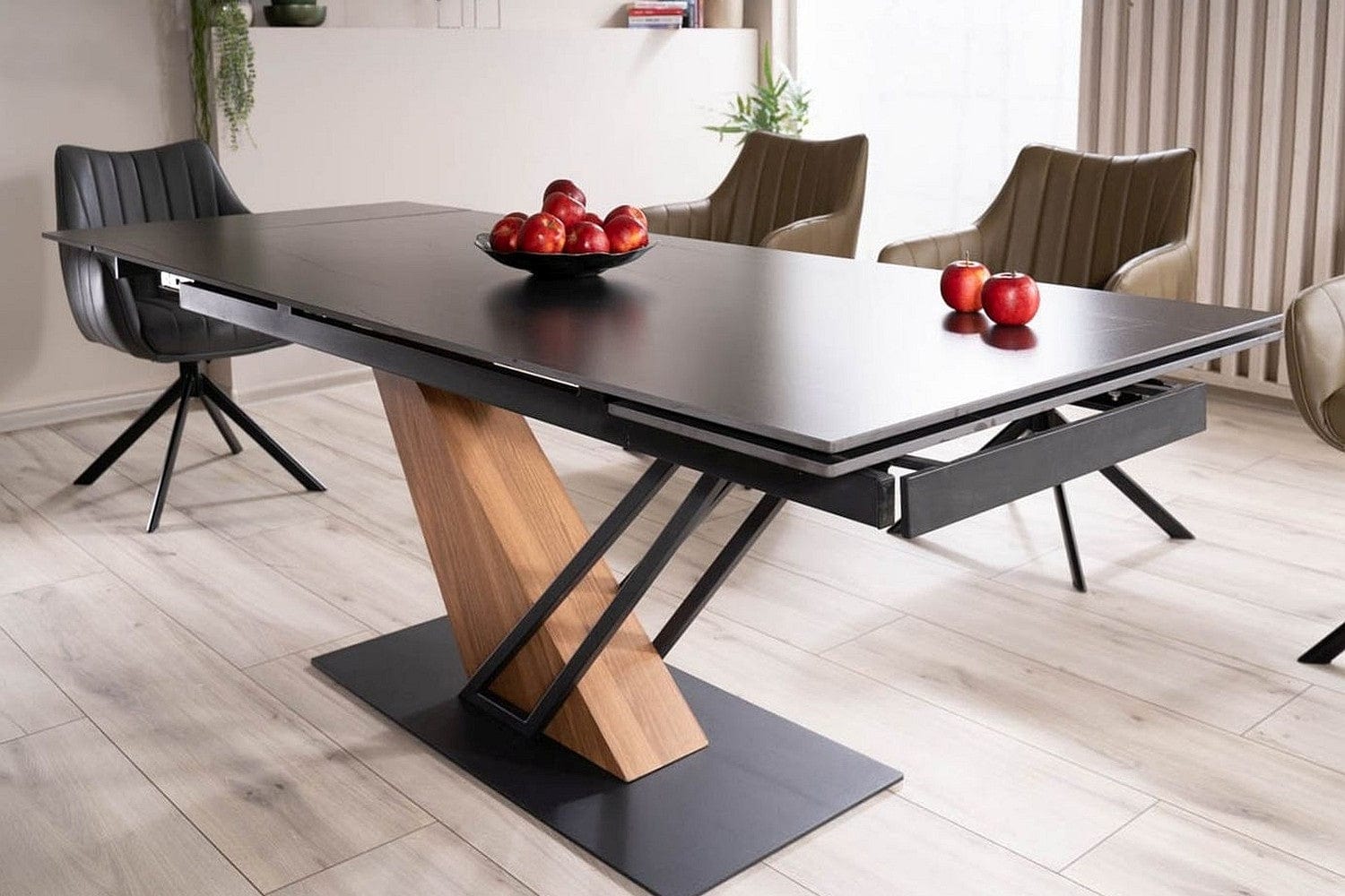 Masa extensibila din ceramica, MDF, furnir si metal, Gesis Negru / Frasin, L180-240xl90xH75 cm (5)