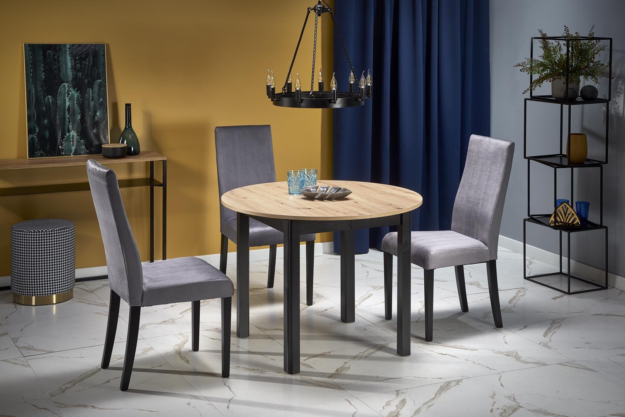 Masa extensibila din pal si MDF, Ringo Stejar / Negru, Ø102-142xH76 cm (1)