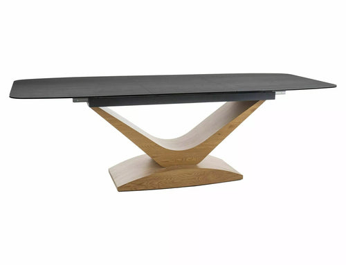 Masa extensibila din sticla, ceramica, MDF si furnir, Dolce Pietra Di Savoia Gri Deschis / Stejar, L180-240xl95xH76 cm