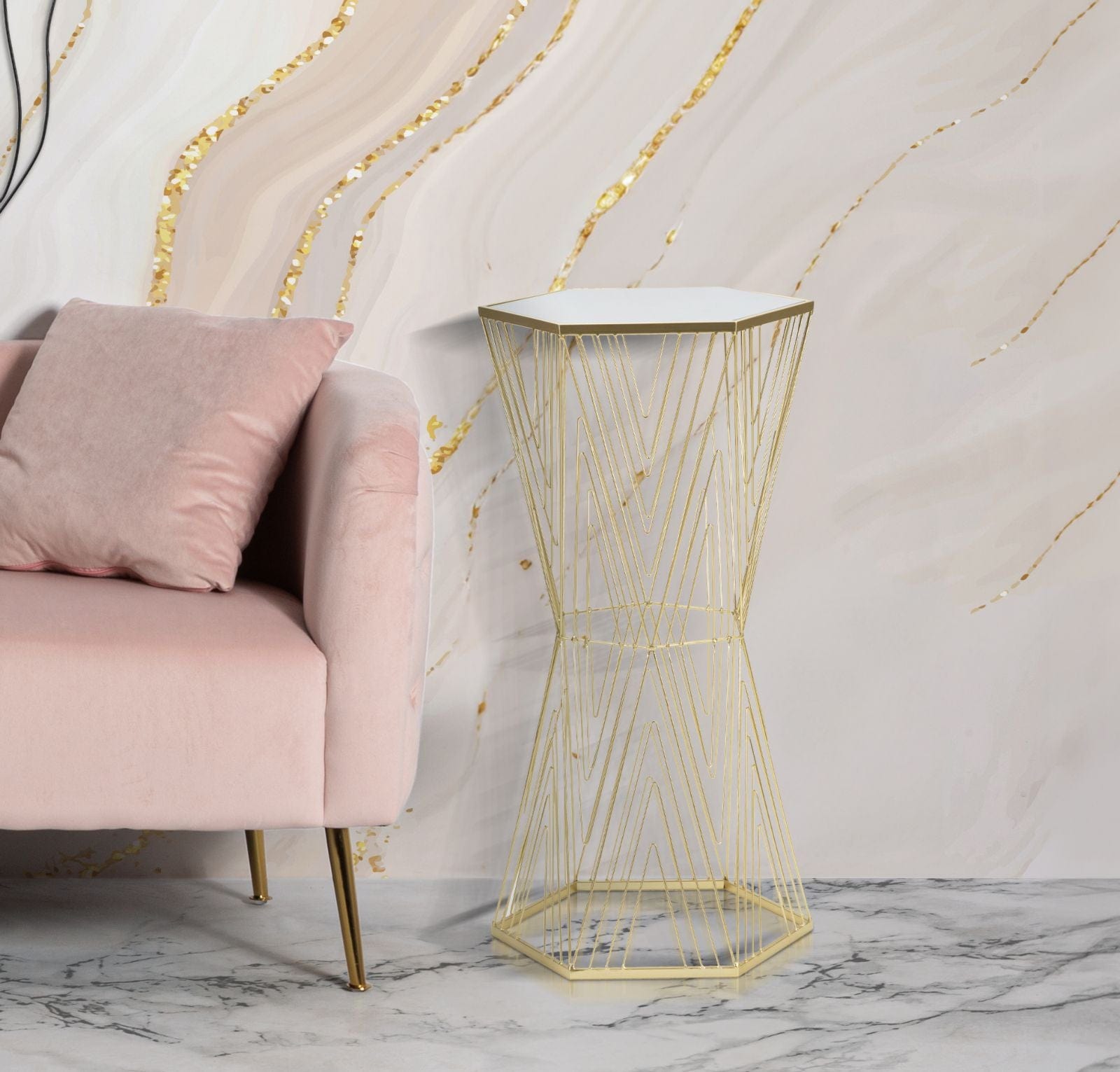 Mauro Ferretti Masuta suport telefon/flori din metal si sticla, Lines Auriu, L40xl35xH80 cm